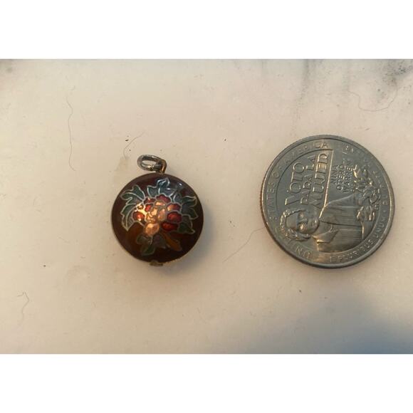 Unbranded Jewelry - Vintage Cloisonne Flower Round Pendant Dark Brown Red Green Enamel Charm